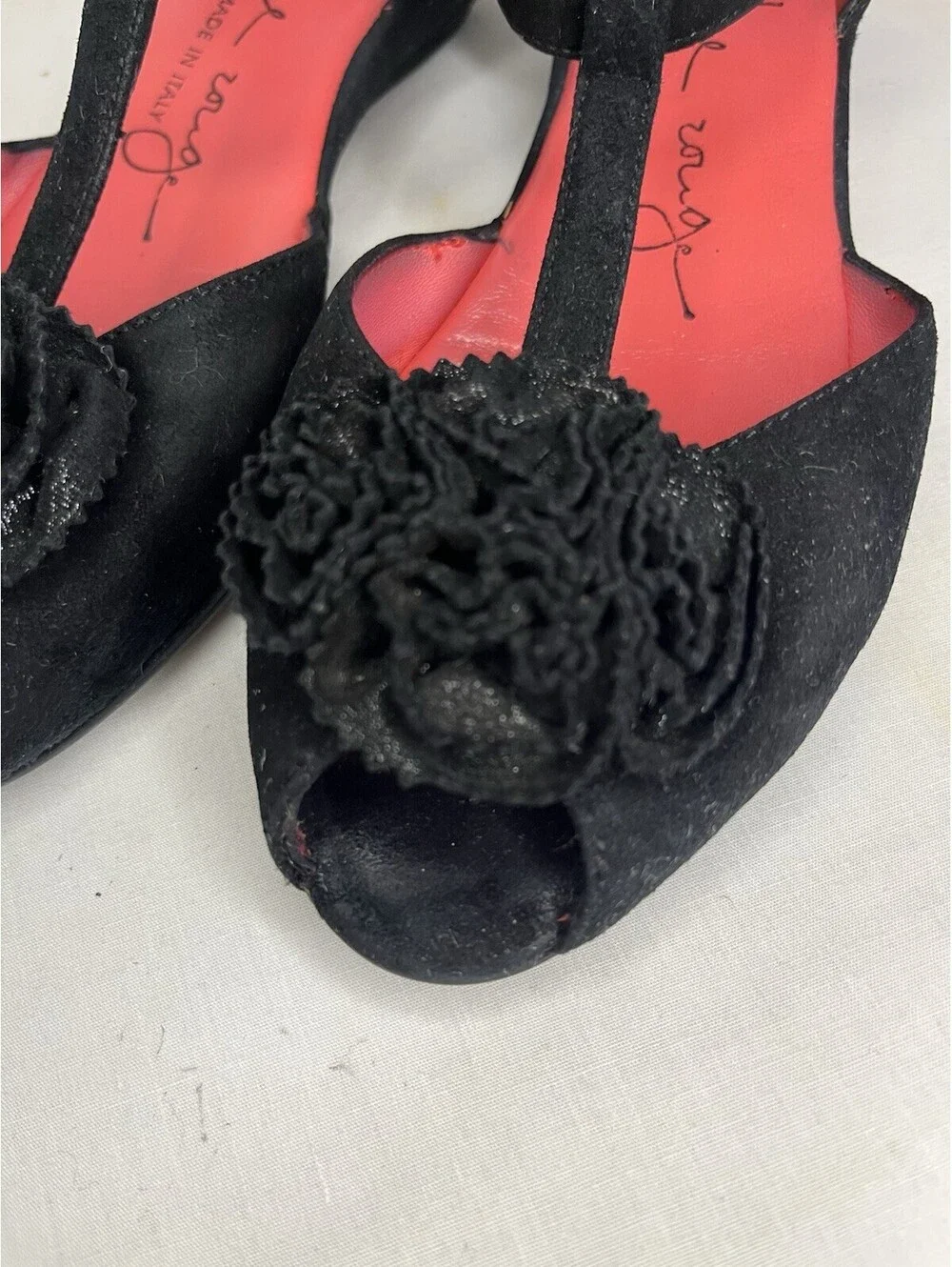 Pas De Rouge Italy Black Suede Wedge Open Toe Rosette Womens Sandal Sz 36 US 6
